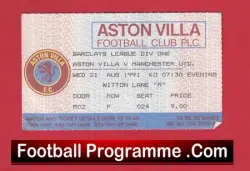 Aston Villa v Manchester United 1991 – Match Ticket
