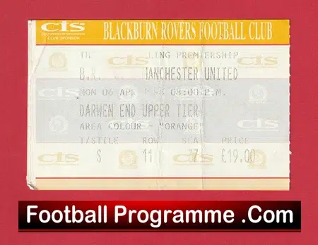 Blackburn Rovers v Manchester United 1998 - Football Ticket - Image 2