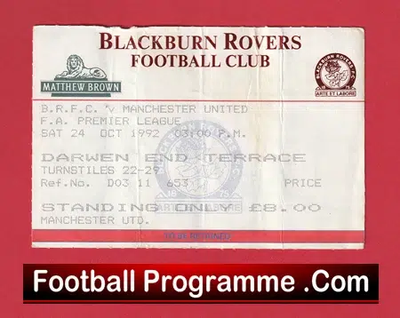 Blackburn Rovers v Manchester United 1992 - Match Ticket - Image 2