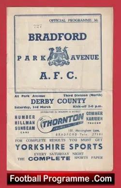 Bradford Park Avenue v Derby County 1956 - football programme