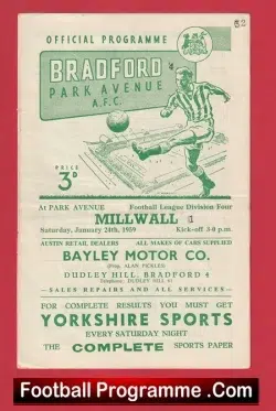 Bradford Park Avenue v Millwall 1959 - football programme