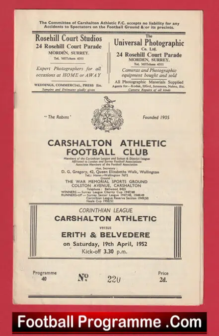 Carshalton Athletic v Erith Belvedere 1952 – 1950s