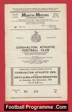 Carshalton Athletic v Erith Belvedere 1953 - 1950s - football programme