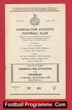 Carshalton Athletic v Yiewsley 1954 - 1950's - football programme