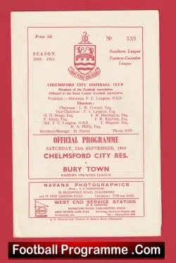 Chelmsford City v Bury Town 1960 - Reserves Match - football programme