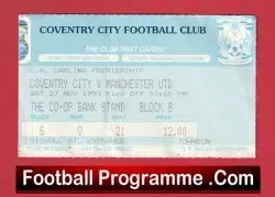 Coventry City v Manchester United 1993 - Match Ticket - football memorabilia