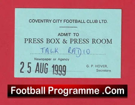 Coventry City v Manchester United 1999 - Press Box Room Ticket - Image 2
