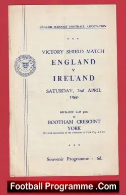 England v Northern Ireland 1960 - School Boys Shield at York City - football programme