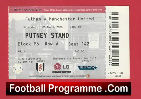 Fulham v Manchester United 2008 - Football Ticket - Image 2