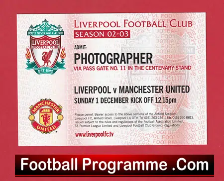 Liverpool v Manchester United 2002 - Photographer Pitch Pass Ticket - Image 2