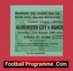 Manchester City v Manchester United 1968 - Ticket 1960's - football memorabilia