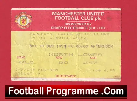 Manchester United v Aston Villa 1990 - Football Ticket - Image 2