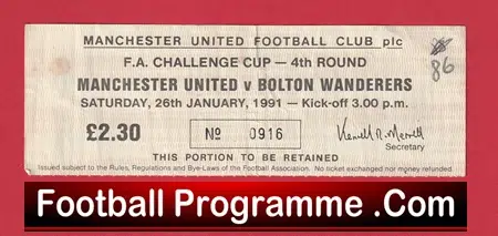 Manchester United v Bolton Wanderers 1991 - Match Ticket - Image 2