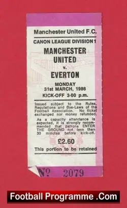 Manchester United v Everton 1986 - Match Ticket Stub - football memorabilia