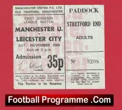 Manchester United v Leicester City 1971 - Man Utd Ticket - football memorabilia