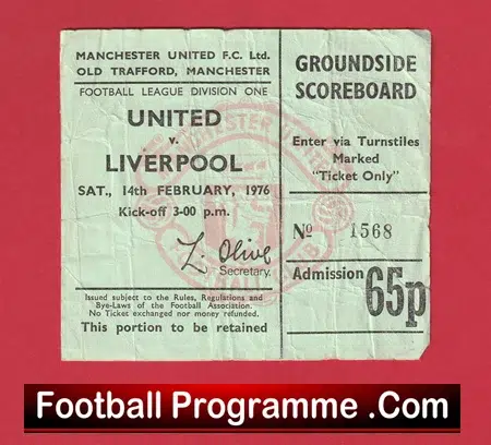 Manchester United v Liverpool 1976 - Man Utd Football Ticket - Image 2