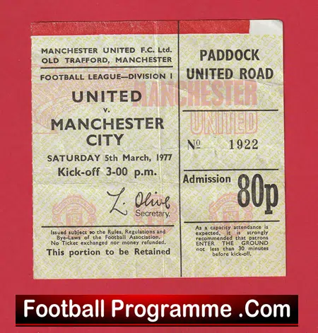 Manchester United v Manchester City 1977 - Match Ticket - Image 2