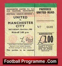 Manchester United v Manchester City 1982 - Football Match Ticket - football memorabilia