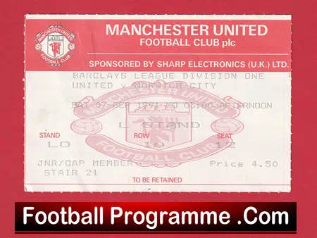 Manchester United v Norwich City 1991 - Match Ticket - Image 2