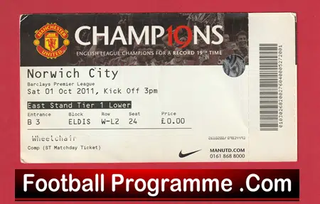 Manchester United v Norwich City 2011 - Football Ticket - Image 2