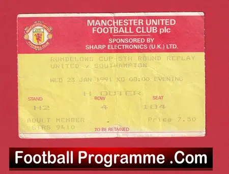Manchester United v Southampton 1991 - Match Ticket League Cup - Image 2