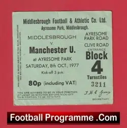 Middlesbrough v Manchester United 1977 - Football Ticket 1970s - football memorabilia
