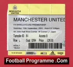 Newcastle United v Manchester United 2001 - Match Ticket - football memorabilia