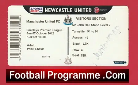 Newcastle United v Manchester United 2012 - Football Ticket - Image 2