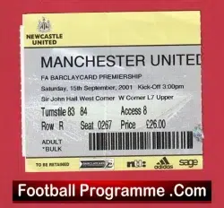 Newcastle United v Manchester United 2001 - Football Ticket - football memorabilia