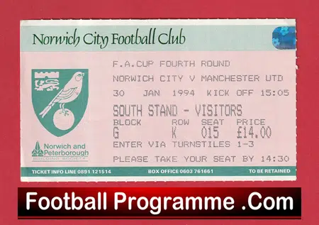 Norwich City v Manchester United 1994 - Match Ticket - Image 2