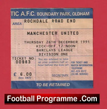 Oldham Athletic v Manchester United 1991 - Football Ticket - Image 2