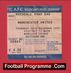 Oldham Athletic v Manchester United 1991 – Football Ticket