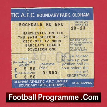 Oldham Athletic v Manchester United 1991 - Football Ticket - Image 2