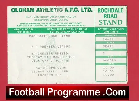 Oldham Athletic v Manchester United 1993 - Football Ticket - Image 2