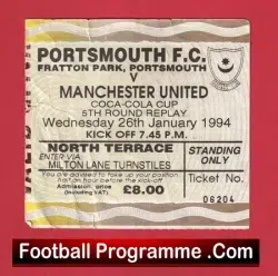 Portsmouth v Manchester United 1994 - Ticket League Cup Replay - football memorabilia
