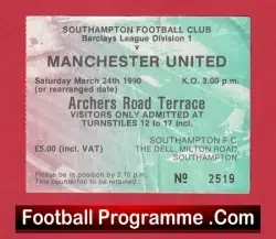 Southampton v Manchester United 1990 - Match Ticket - football memorabilia