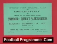 Swindon Town v QPR 1937 – Football Ticket 1930s