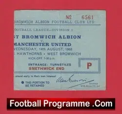 West Bromich Albion v Manchester United 1968 - Match Ticket - football memorabilia