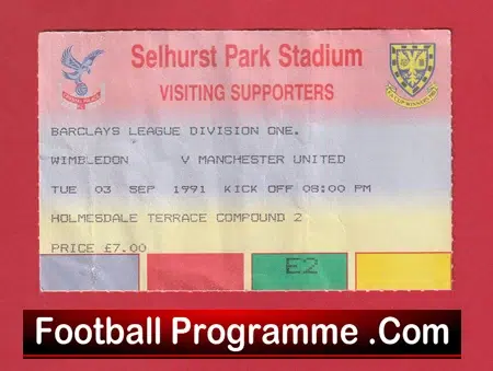 Wimbledon v Manchester United 1991 - Match Ticket - Image 2