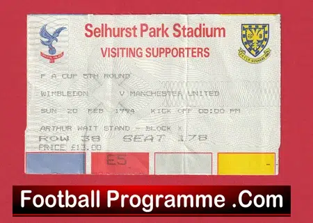 Wimbledon v Manchester United 1994 - FA Cup Footrball Ticket - Image 2