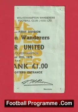 Wolves v Manchester United 1978 - Football Ticket 1970s - football memorabilia