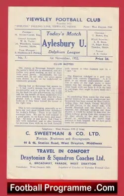 Yiewsley v Aylesbury United 1952 - Delphian League 50s - football programme