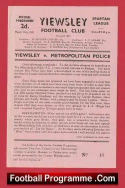 Yiewsley v Metropolitan Police 1951 - Met Police Football Team - football programme