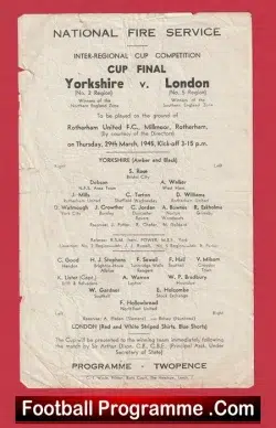 Yorkshire Boys v London Boys 1945 - National Fire Service at Rotherham Utd - football programme