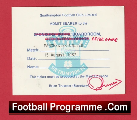 Southampton v Manchester United 1987 - Boardroom Ticket McClair Debut - Image 2