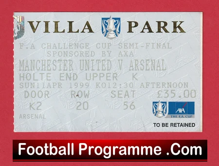 Arsenal v Manchester United 1999 - Semi Final Treble Season Ticket - Image 2