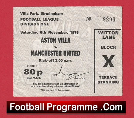 Aston Villa v Manchester United 1976 - Football Ticket - Image 2