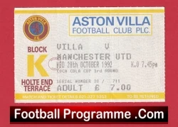 Aston Villa v Manchester United 1992 - League Champions Ticket - football memorabilia