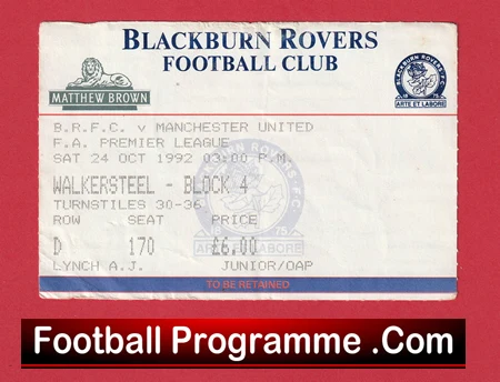 Blackburn Rovers v Manchester United 1992 - Football Ticket - Image 2