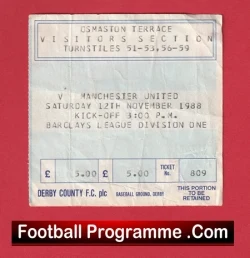 Derby County v Manchester United 1988 - Match Ticket - football memorabilia